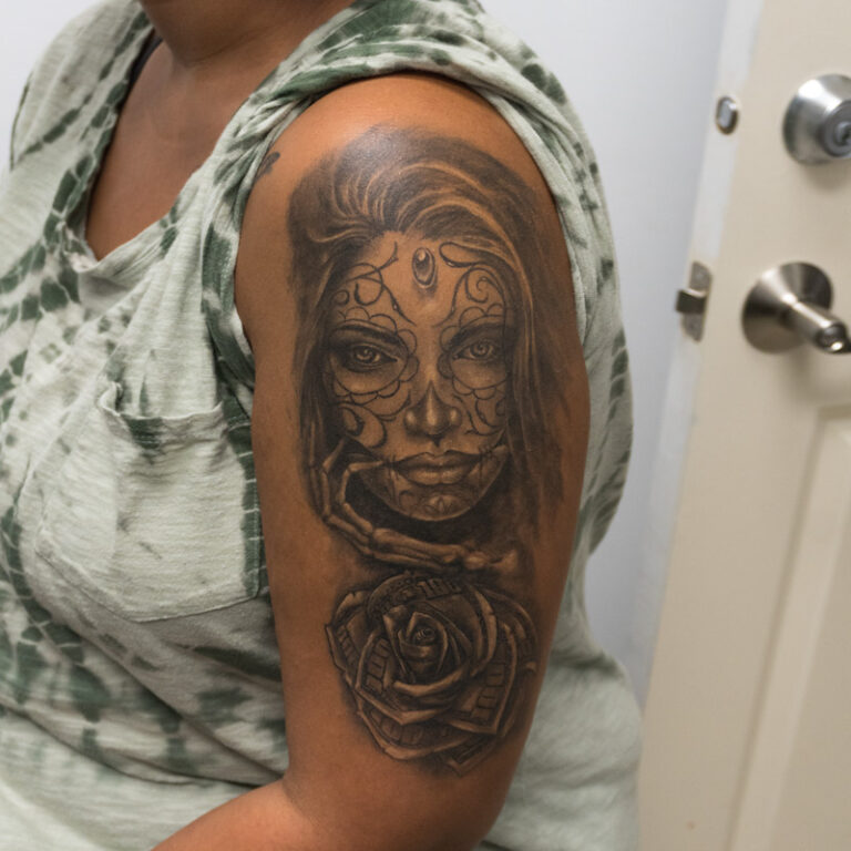 healed money rose and day of the dead portrait tattoo - endless heights tattoo by artist dj donald voelker