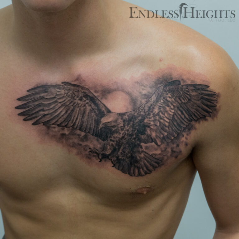 black and grey realism eagle tattoo across the chest - endless heights tattoo by artist dj donald voelker