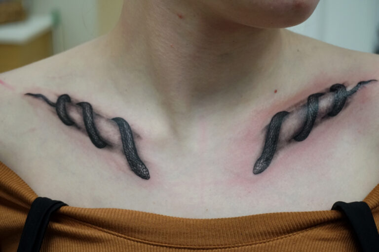 snakes wraping around both collar bones tattoo - endless heights tattoo by artist dj donald voelker