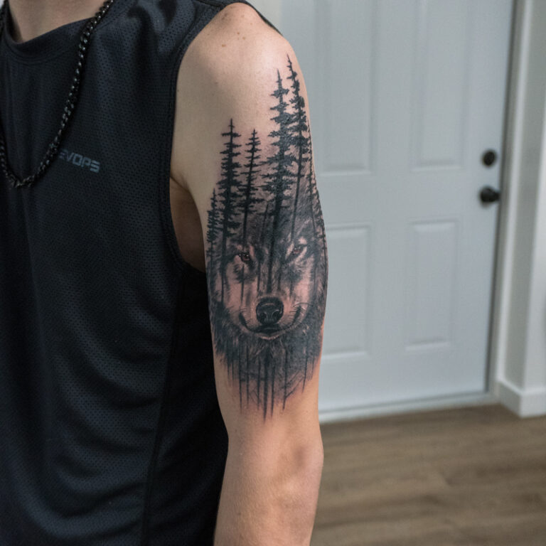 wolf and trees morph scene tattoo - endless heights tattoo by artist dj donald voelker